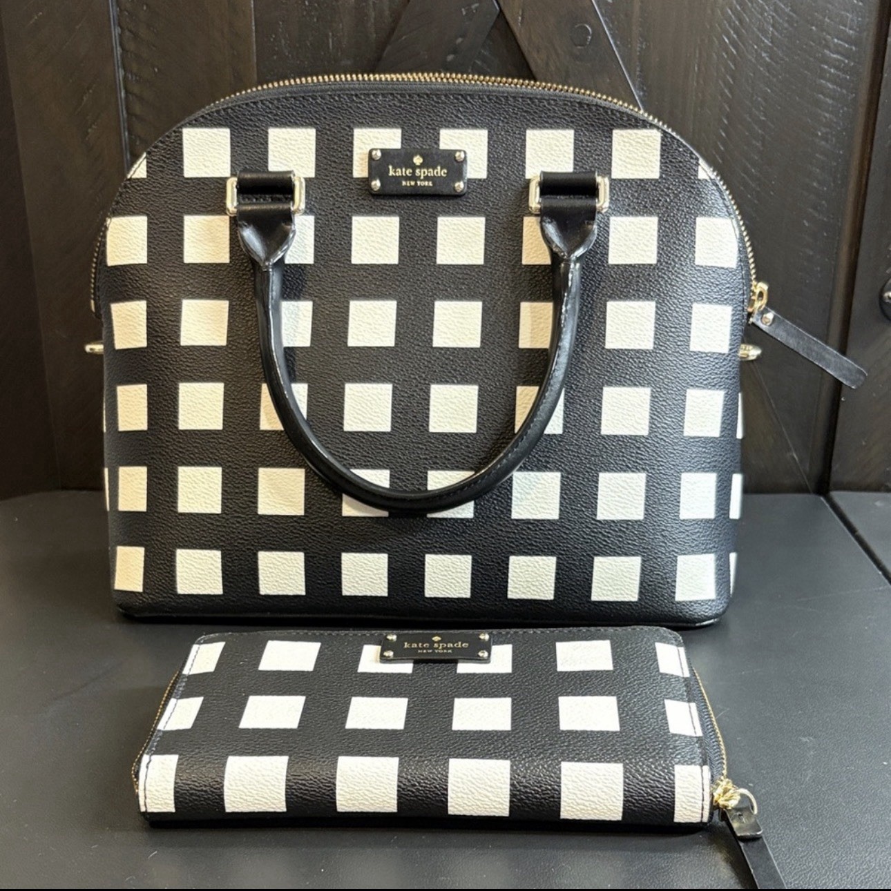 Kate Spade Grove Street Pop Art Check Satchel & Neda Wallet Black White Set