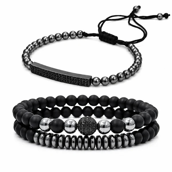3PCS Black Bead Bracelet Set Adjustable Hematite Stone Stack Jewelry