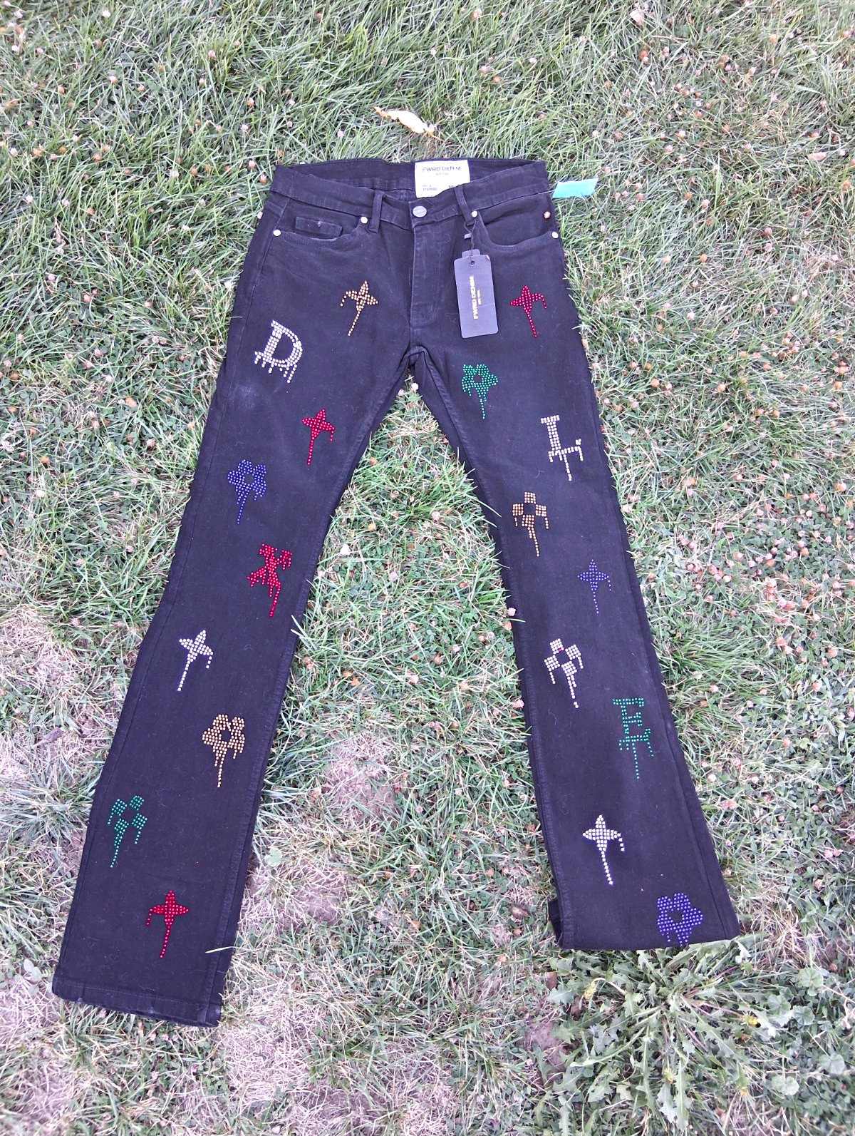 FWRD DENIM Men\'s Black Stacked Skinny Jeans Rhinestone Cross NWT Size 30 FWRD DENIM Men\'s Black Stacked Skinny Jeans Rhinestone Cross NWT Size 30