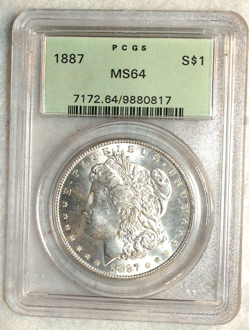 1887 Morgan Silver Dollar PCGS MS64 NEAR GEM IN ORIGINAL GREEN HOLDER $1 Coin