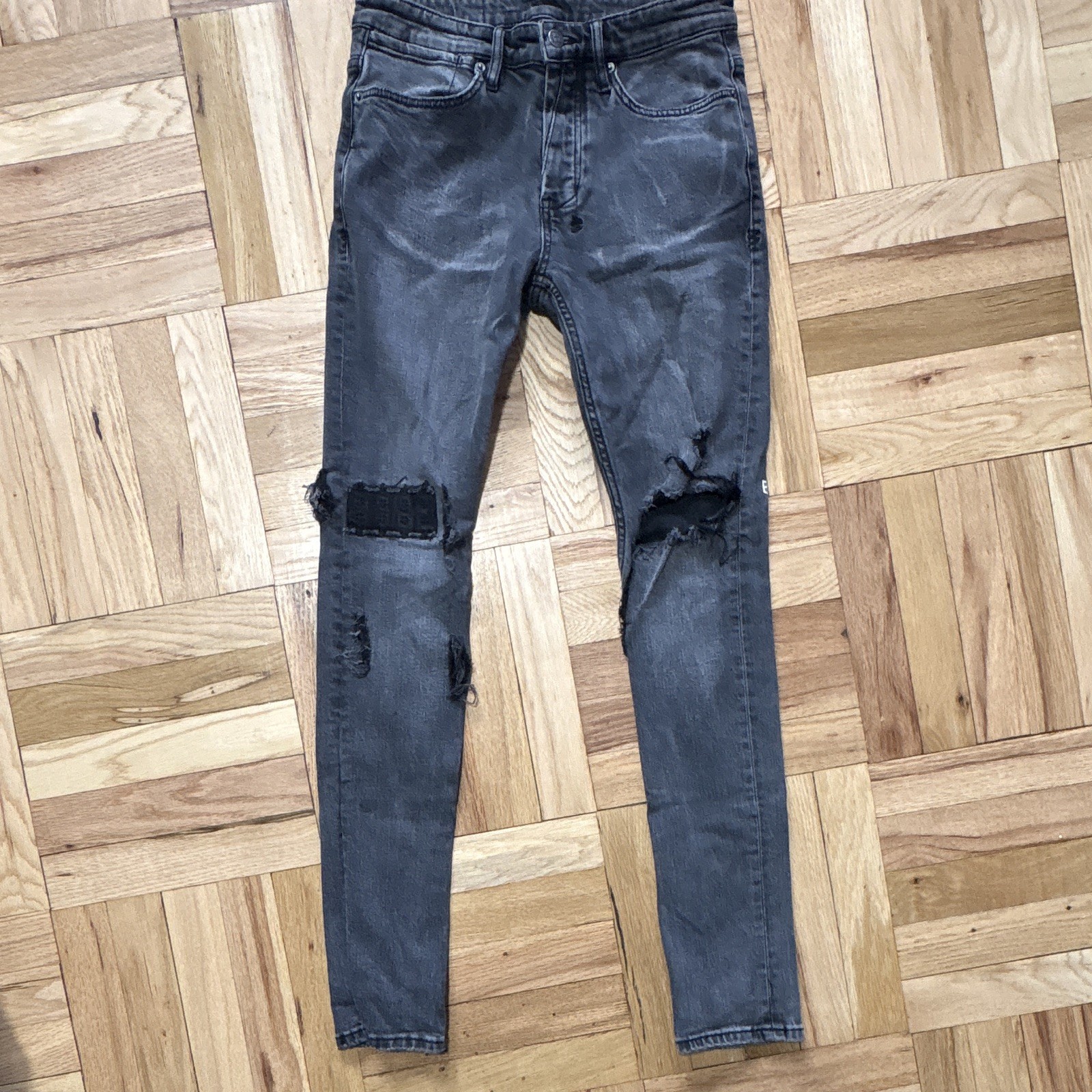Ksubi Men’s Gray Skinny Fit Jeans Dark Wash Distressed Stretch Logo 5-Pocket