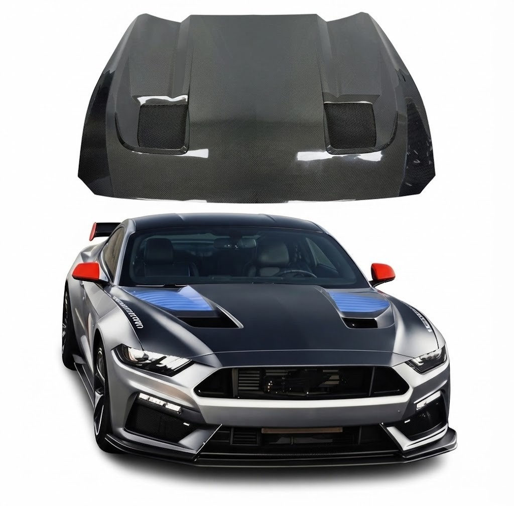 for 2024-2027 Mustang Ford Carbon Fiber Hood GT3 style vented with rain guard
