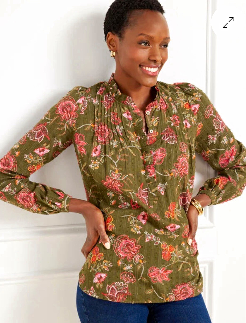 Talbots Womens Floral Woven Blouse Split Neck Long Sleeve Button Pleat Sz S