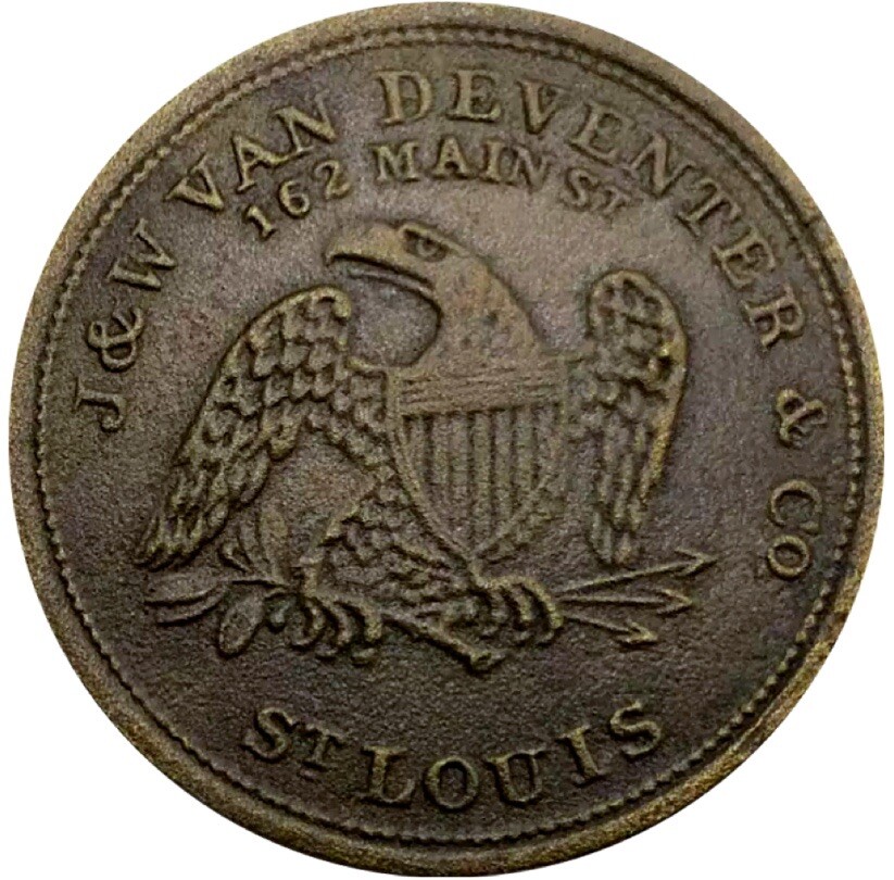 (1845) St Louis Mo 39kpb (R-8) Clothing J W Van Deventer Merchant Token (1845) St Louis Mo 39kpb (R-8) Clothing J W Van Deventer Merchant Token