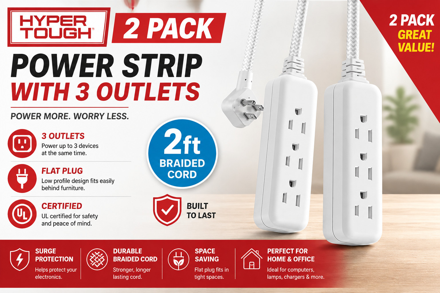 Flat Plug Extension Cord 2 Feet Braided 3 Outlet Grounded Power Strip White