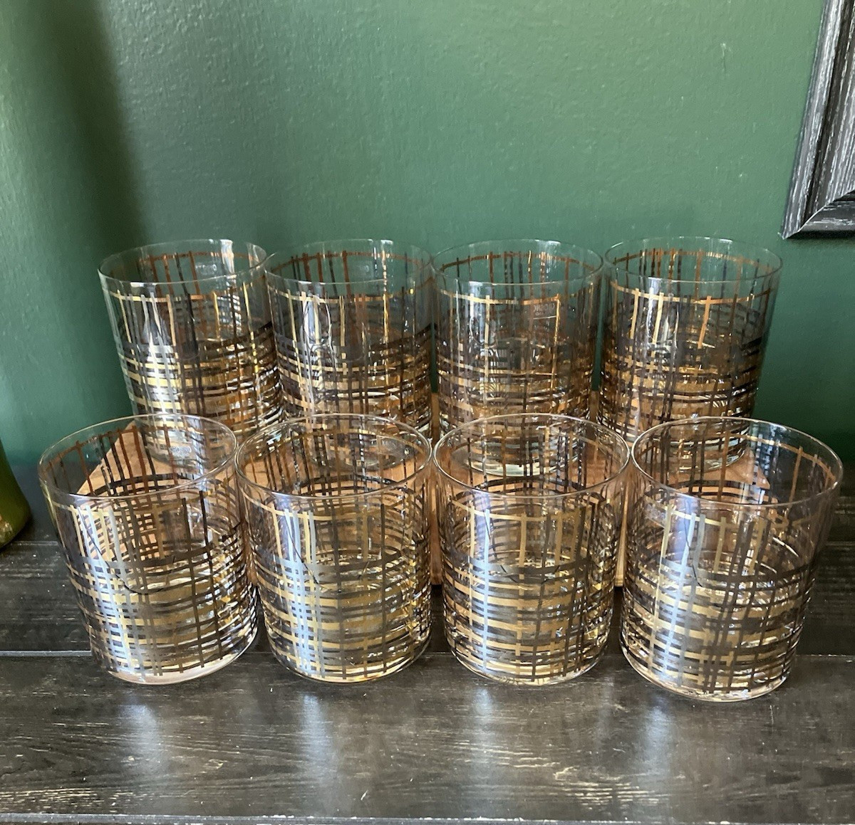 NOS Krosno Gold Plaid Glasses Set 8 Vintage Black Tartan Old Fashioned Crate 90s
