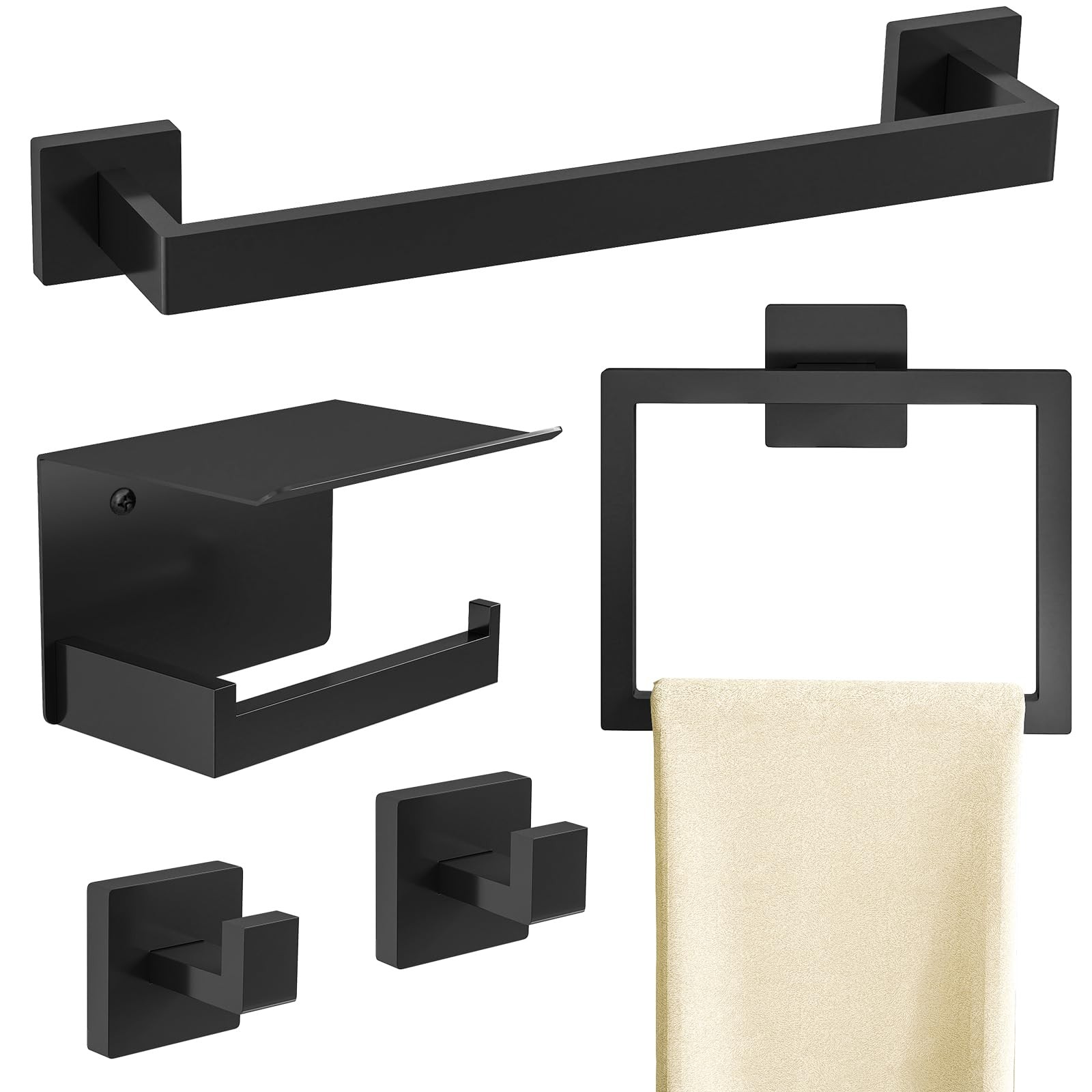 STWWO Matte Black Bathroom Accessories Hardware Set 5-Piece, Stainless Steel ...