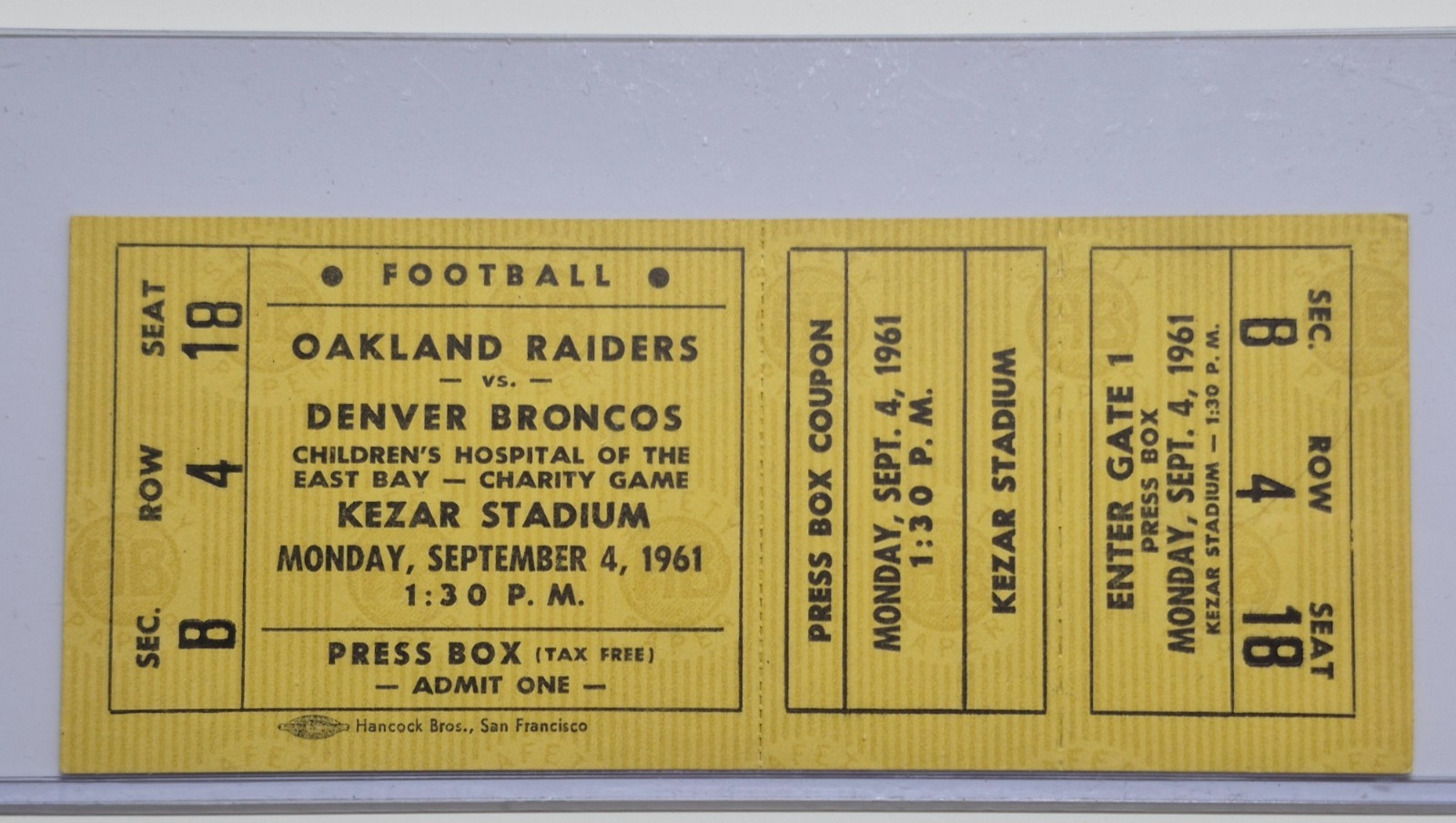 1961 Oakland Raiders vs. Denver Broncos Press Box Uncut Ticket, RARE & Mint