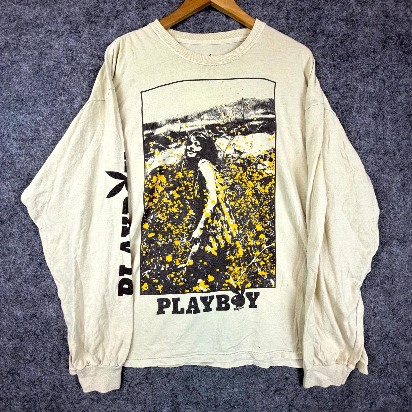 Playboy Shirt Mens XL Beige Long Sleeve Graphic Print Girl in Field of Flowers