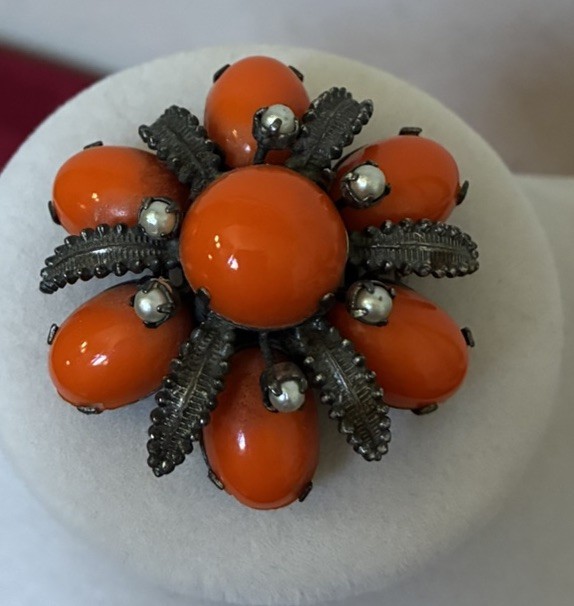 Vintage Jewelry Signed “Made In Austria” Pearl Orange Stones 1.75” Brooch Pin