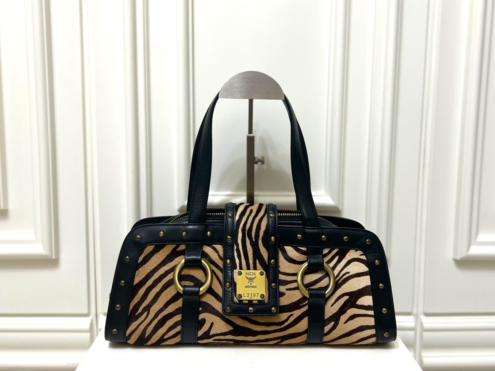 Vintage MCM Leopard Zebra Calf Hair Leather Shoulder Bag Y2K Rare Authentic