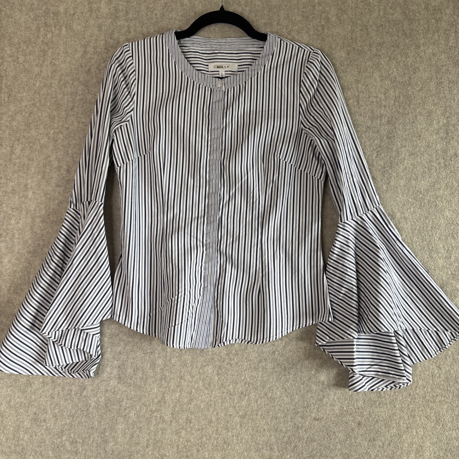 Milly Michelle Bell Sleeve Striped Blouse Womens 2 Blue White Cotton Poplin Top