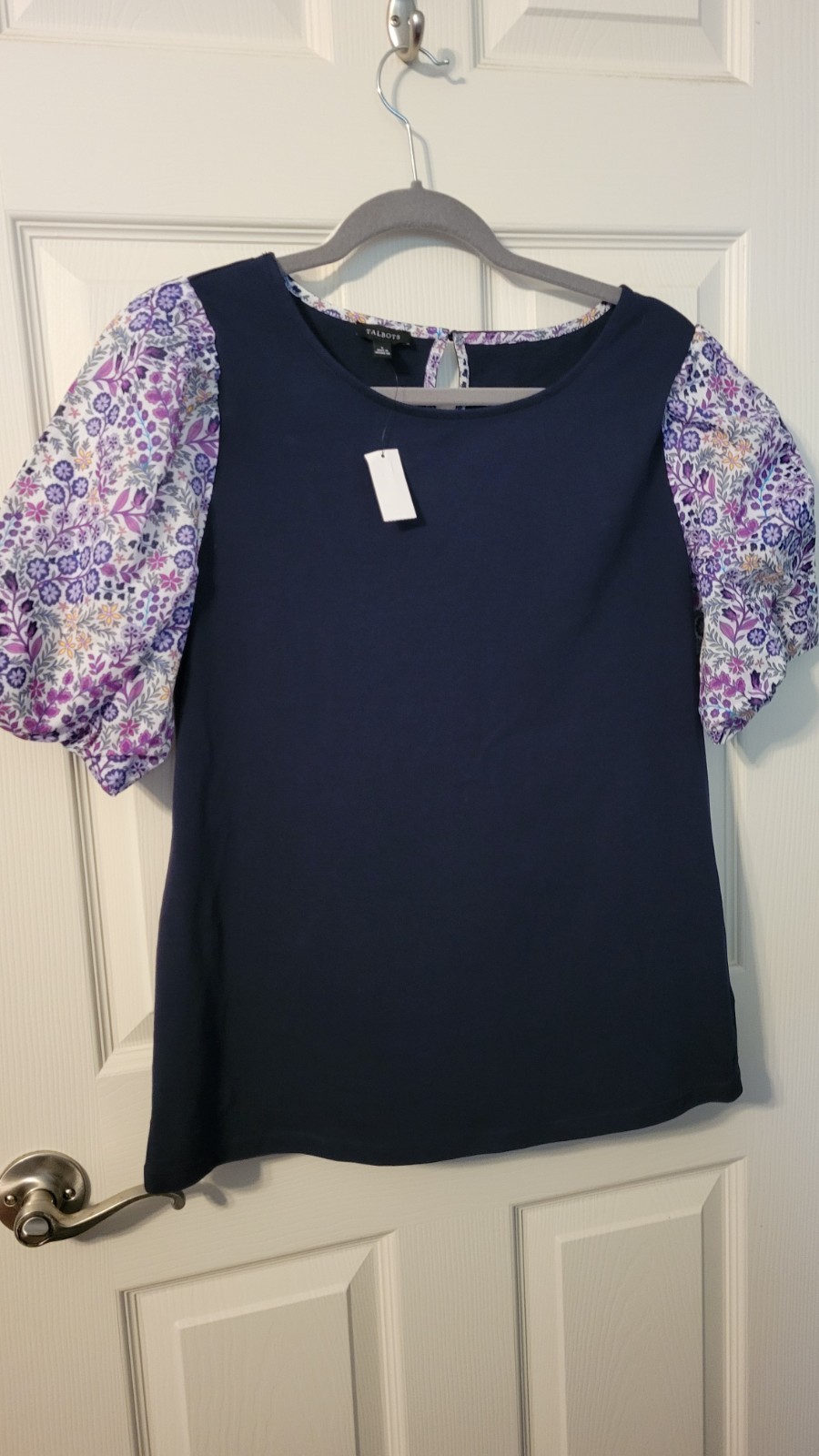 Talbots NWT Navy Knit & Purple Floral Puff Sleeve Mixed Media Top - Size Small