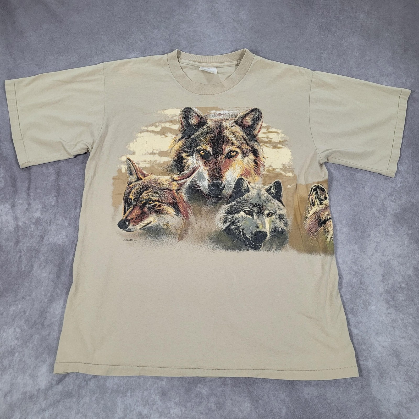 Vintage Hazelwoods Shirt Mens Large Beige Wolf Double Sided Nature Tee 1993