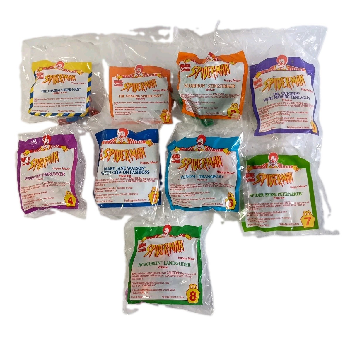 1995 SPIDER-MAN McDonald's Happy Meal Toys Complete Set of 8+ Under 3 Toy New 1995 SPIDER-MAN McDonald's Happy Meal Toys Complete Set of 8+ Under 3 Toy New
