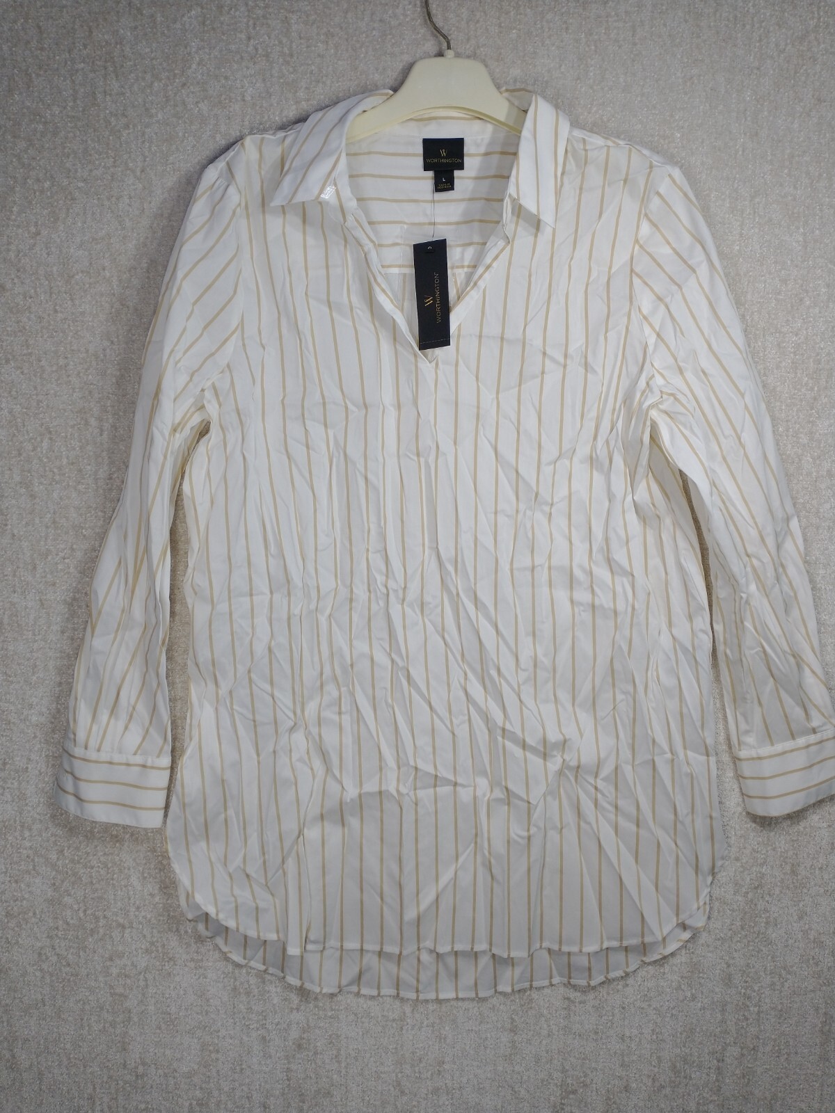 NWT Worthington Women\'s Sz L PULLOVER Brown and White STRIPED BLOUSE $44 NWT Worthington Women\'s Sz L PULLOVER Brown and White STRIPED BLOUSE $44