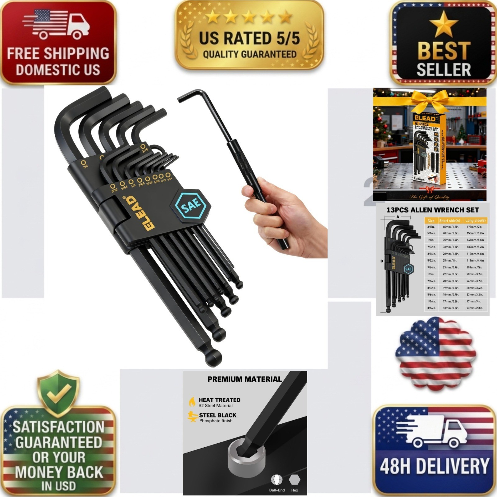 15-Piece SAE Hex Key Allen Wrench Set with Extension Bar, 3/64-3/8 Inch, Long