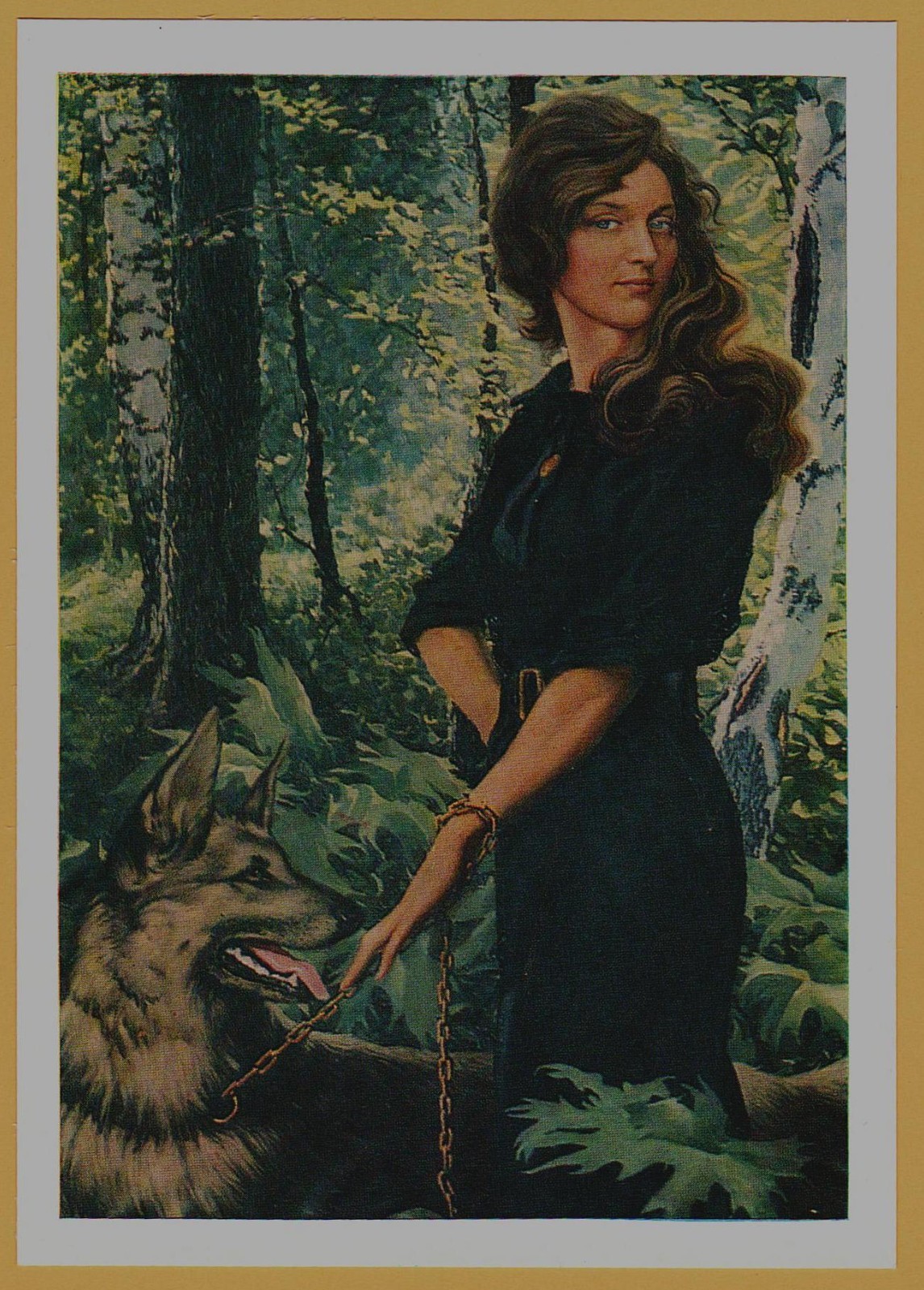 1981 Slavic Girl with Dog Forest Romantic Soviet Art Vasilyev Postcard