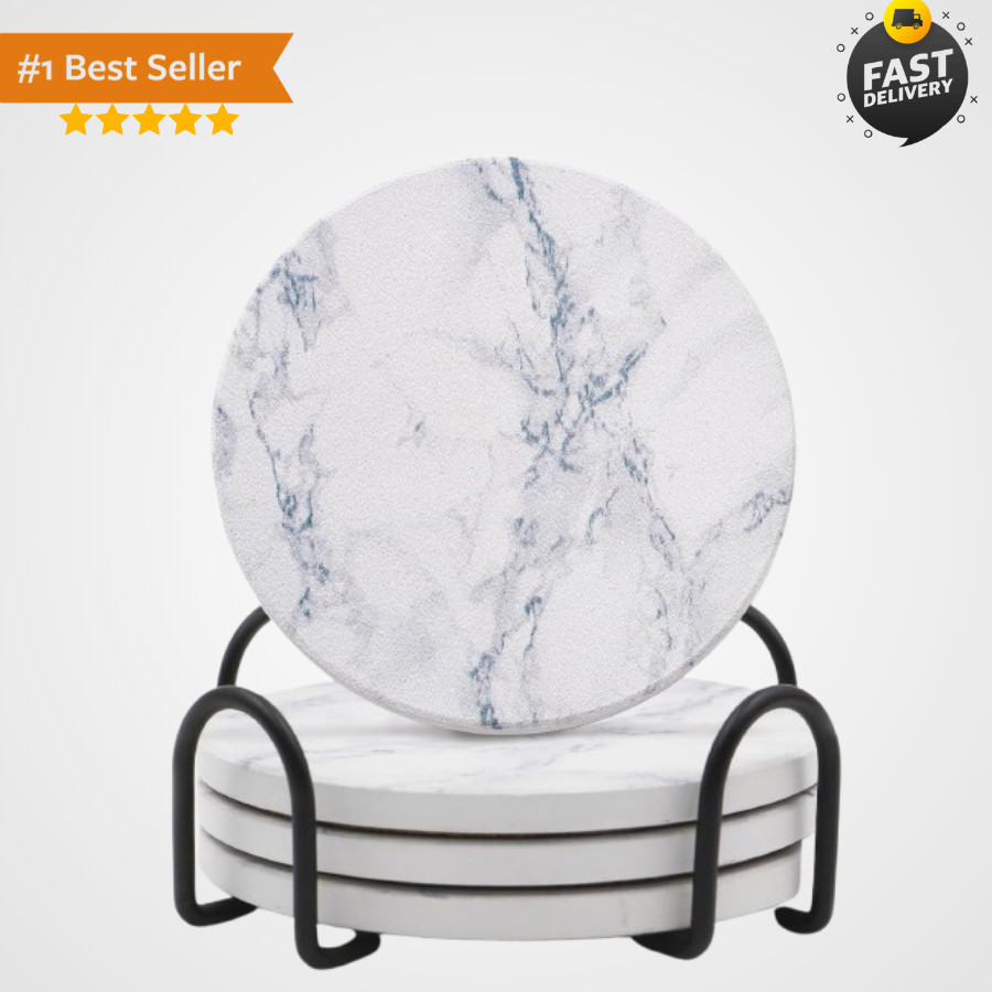 Elegant Ivory White Marble Coaster Set of 4 with Holder for Stylish Tabletop ...