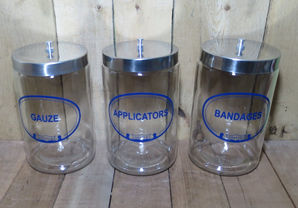 VINTAGE SET OF 3 GRAFCO MEDICAL DOCTOR OFFICE JAR CONTAINERS 7\