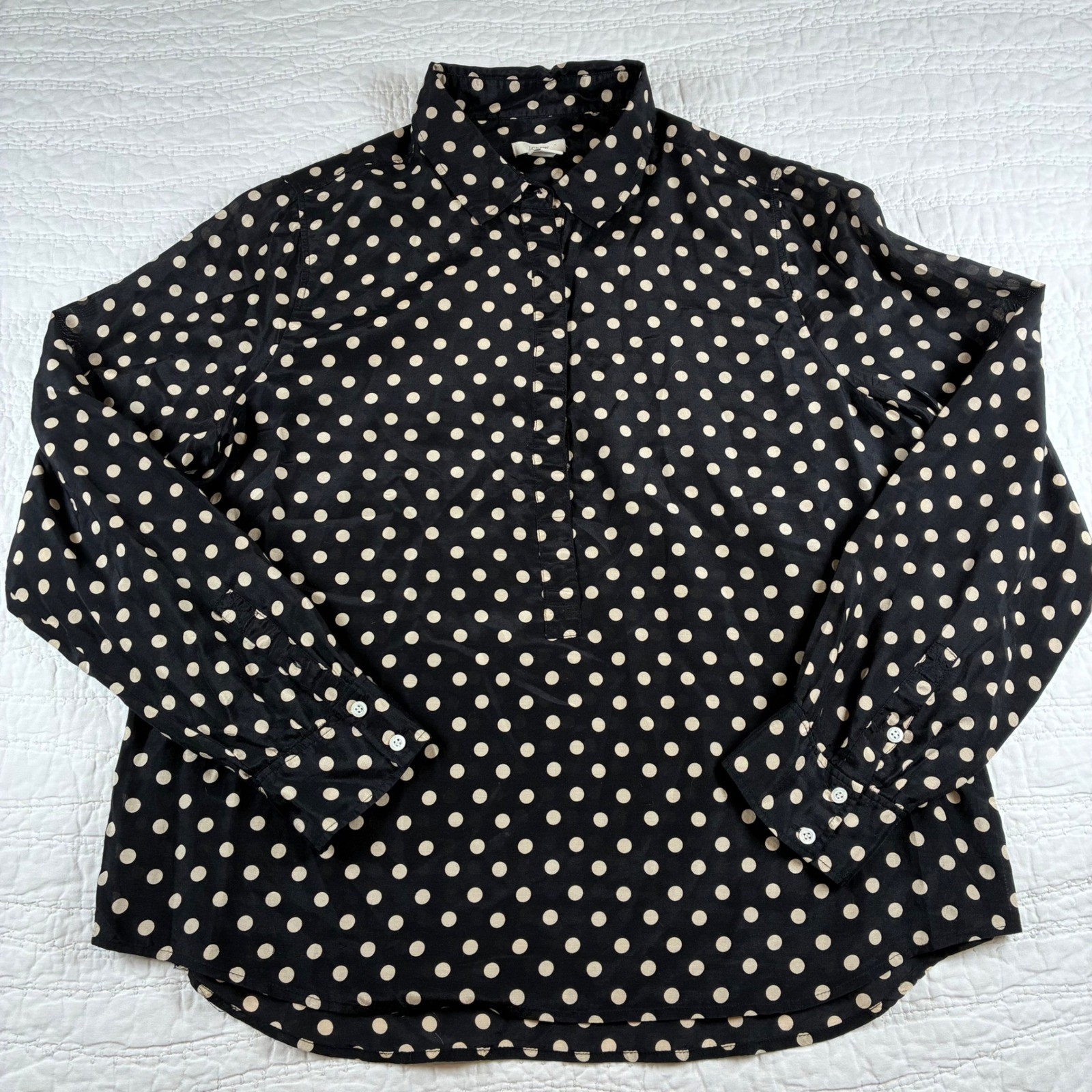 J Crew Polka Dot Cotton Silk Blend Blouse Black Ivory Long Sleeve Shirt 14 J Crew Polka Dot Cotton Silk Blend Blouse Black Ivory Long Sleeve Shirt 14