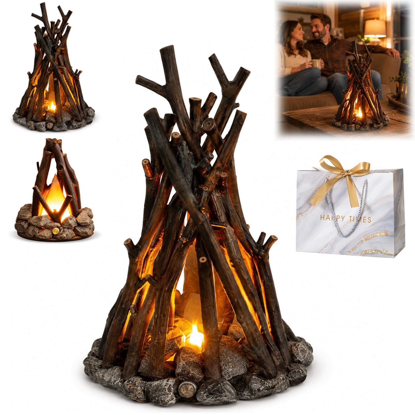 LED Campfire Night Light, Dimmable Fake Campfire Lamp with Flame Sound LED Campfire Night Light, Dimmable Fake Campfire Lamp with Flame Sound