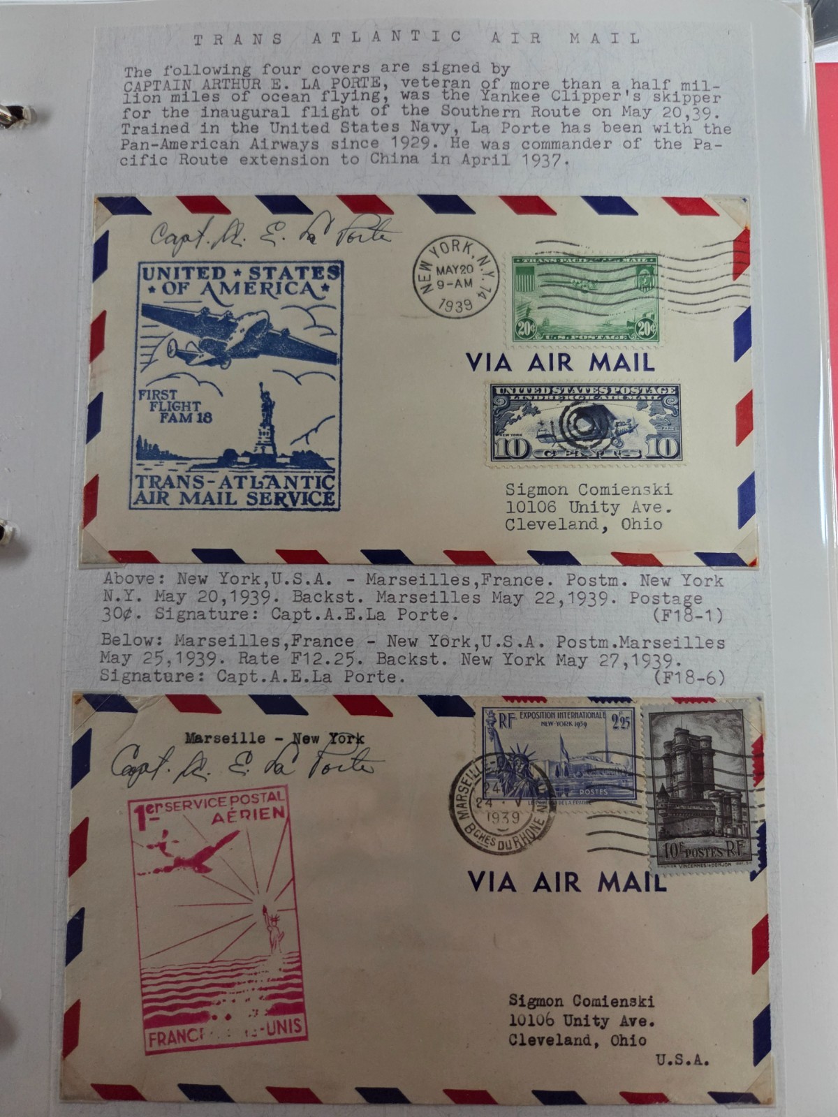 1939 FAM-18 Pan Am Transatlantic First Flight Covers x4 Signed A.E. La Porte