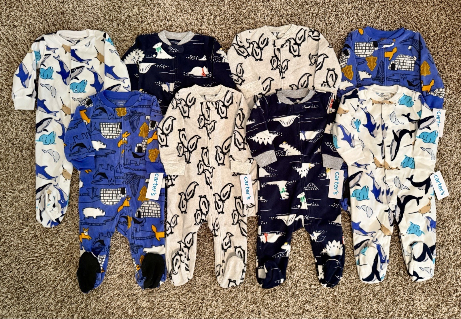LOT (8) Carters Boys 9m 2-Way Zip Fleece Sleep Play Footed Pajamas 9 Month Twin