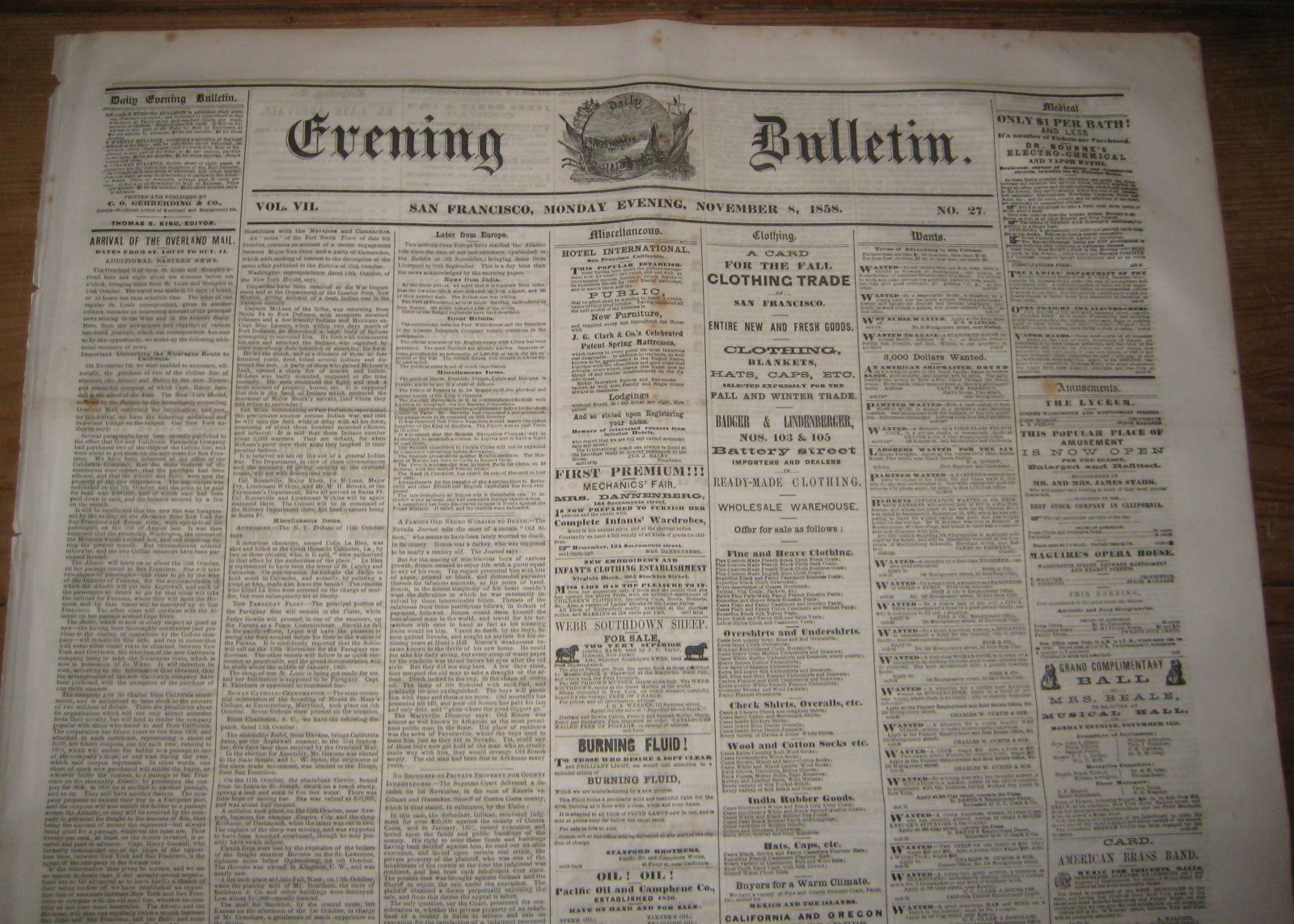 1858, San Francisco Newspaper, Gold Mining, Indian Massacre of Wagon Train+