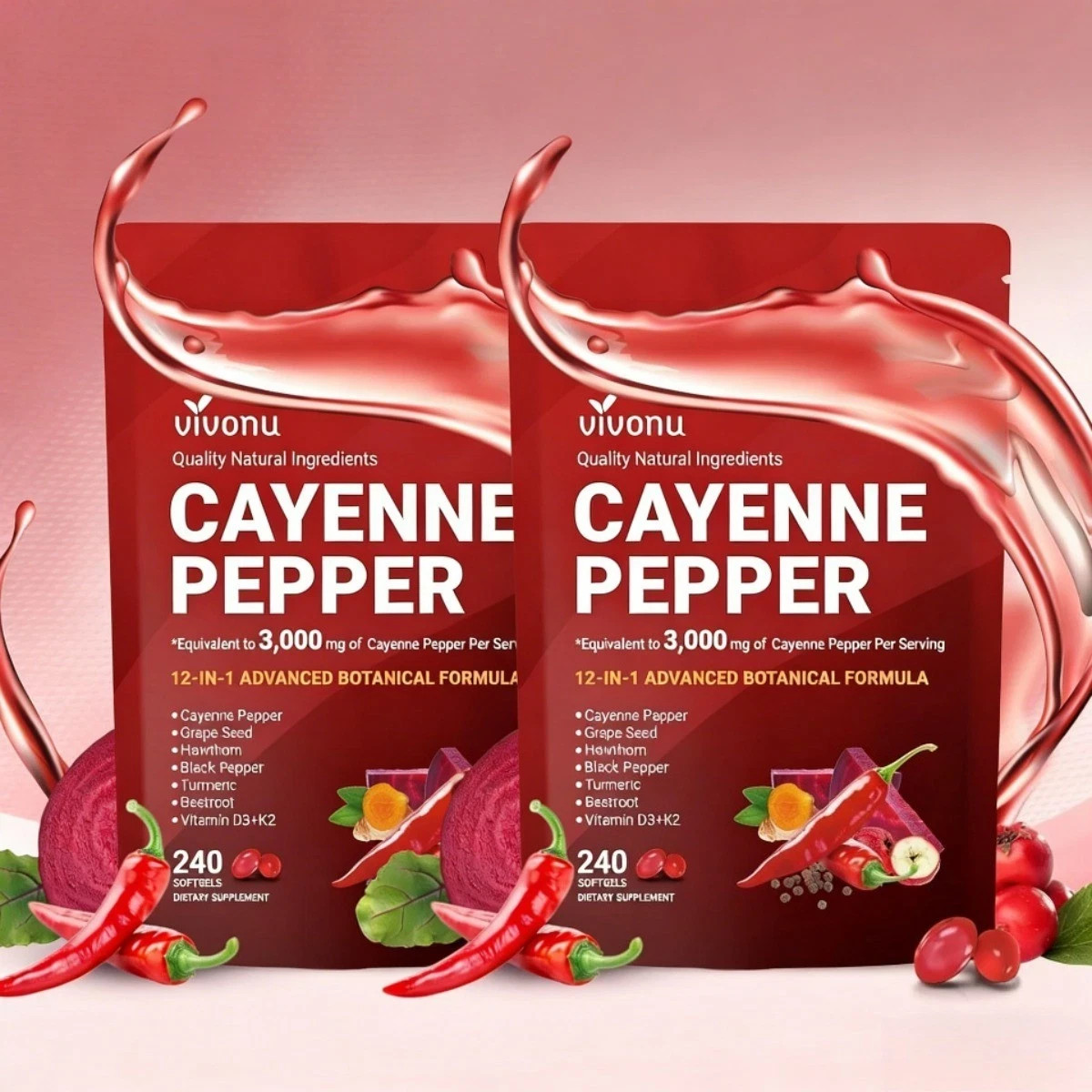 2-PCS VivoNu Cayenne Pepper 240 Softgels – Circulation & Health Support
