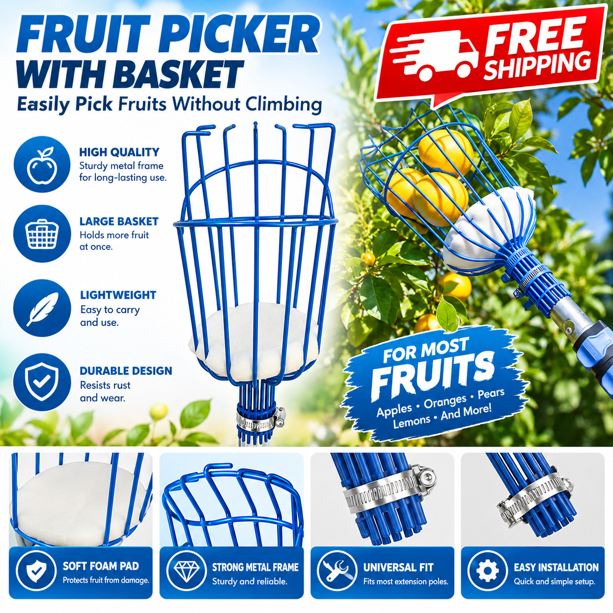 Best Garden Fruit Harvest Picker Metal Tong Padded Basket