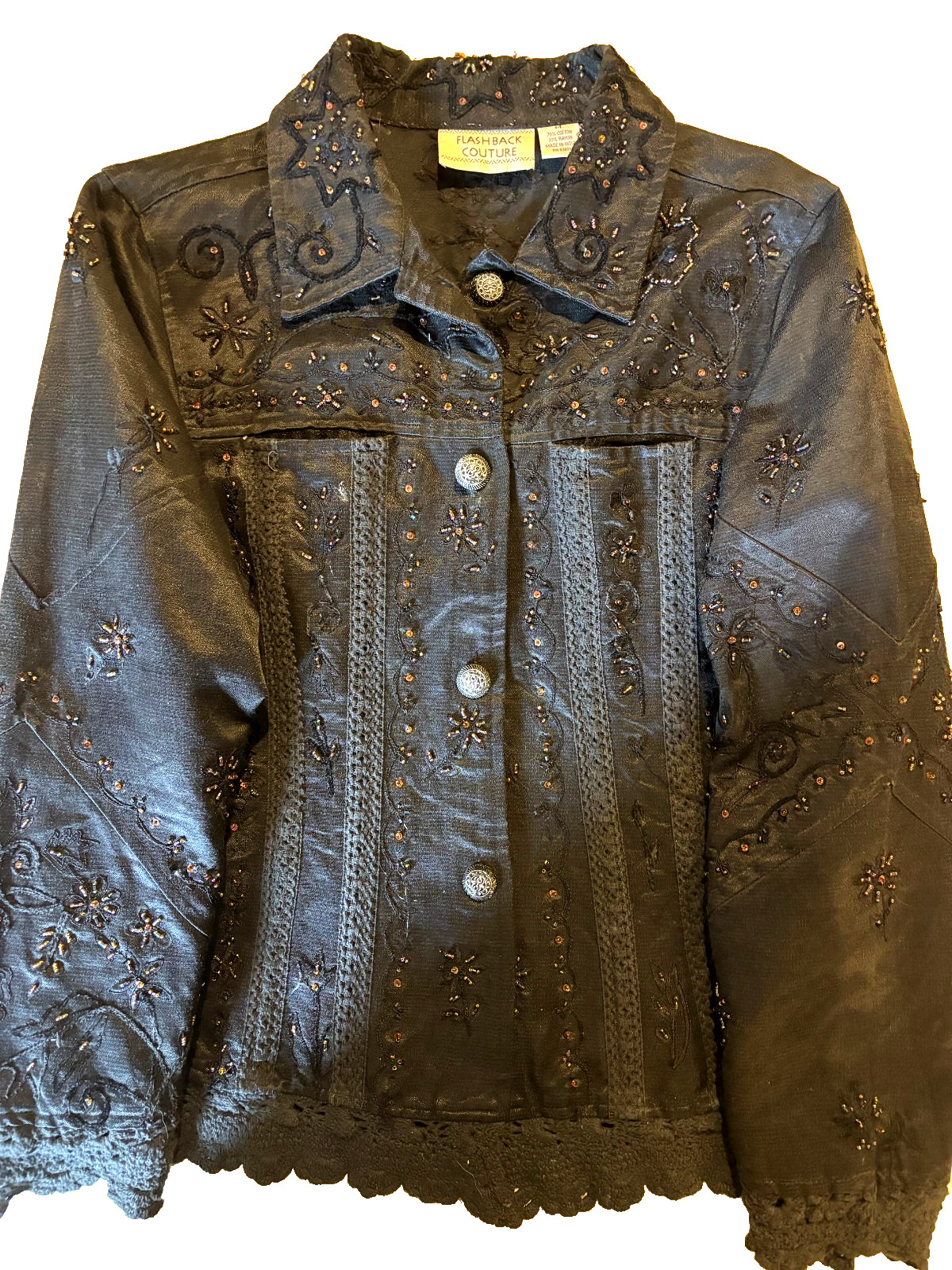 Flashback Couture, black beaded women\'s  jacket (med) with crocquet trim.