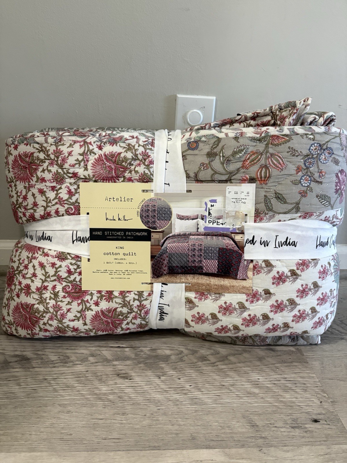 Nicole Miller Artelier Patchwork Hand Stitched King Quilt Floral 106x92 Cotton Nicole Miller Artelier Patchwork Hand Stitched King Quilt Floral 106x92 Cotton