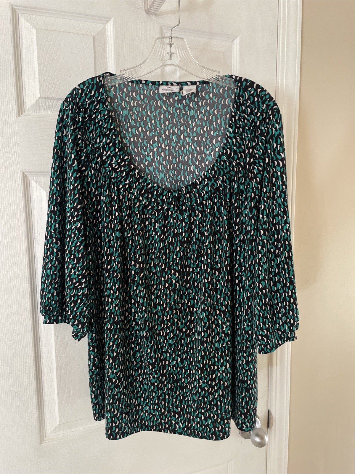 Worthington Womens Gorgeous Green Black Short Sleeve Pleated Top Sz 3XL