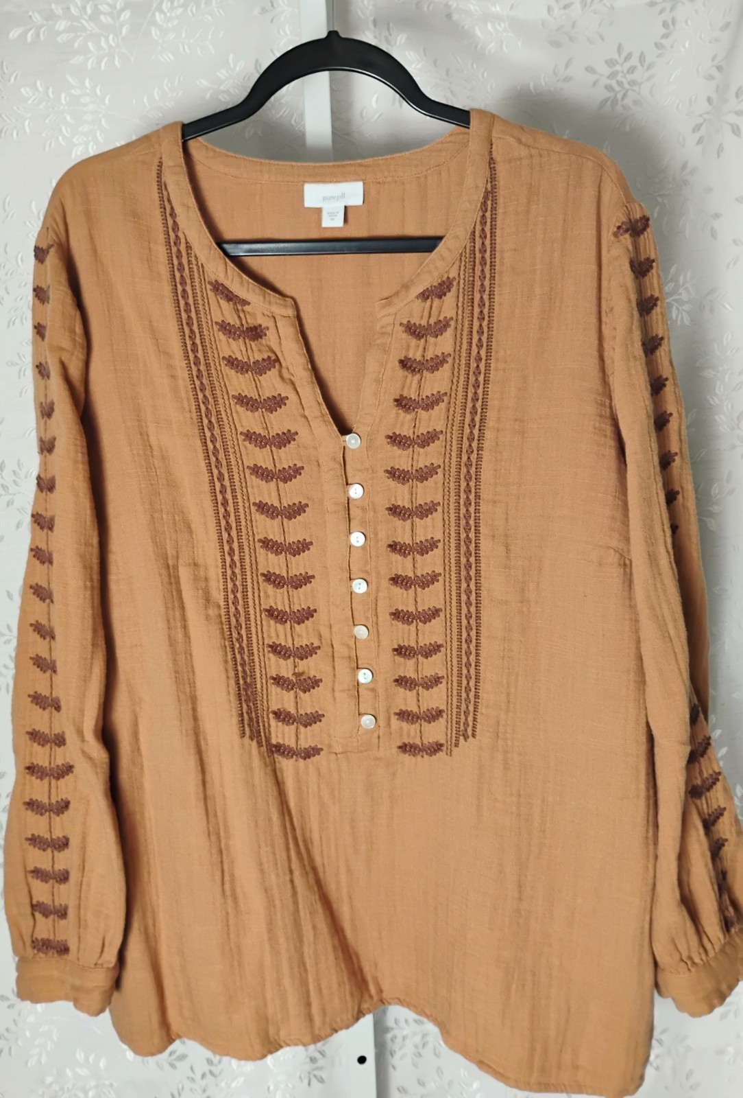 PURE J. JILL Embroidered Top Sz 2X Gauze Cotton Henley Tunic Blouse Rusty Brown PURE J. JILL Embroidered Top Sz 2X Gauze Cotton Henley Tunic Blouse Rusty Brown