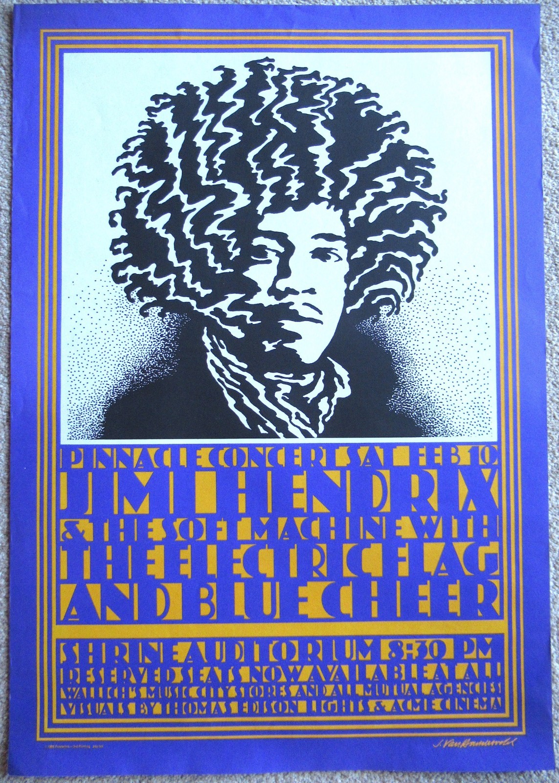 Vintage 1968 JIMI HENDRIX Rock Concert Poster Shrine Auditorium 3rd Printing