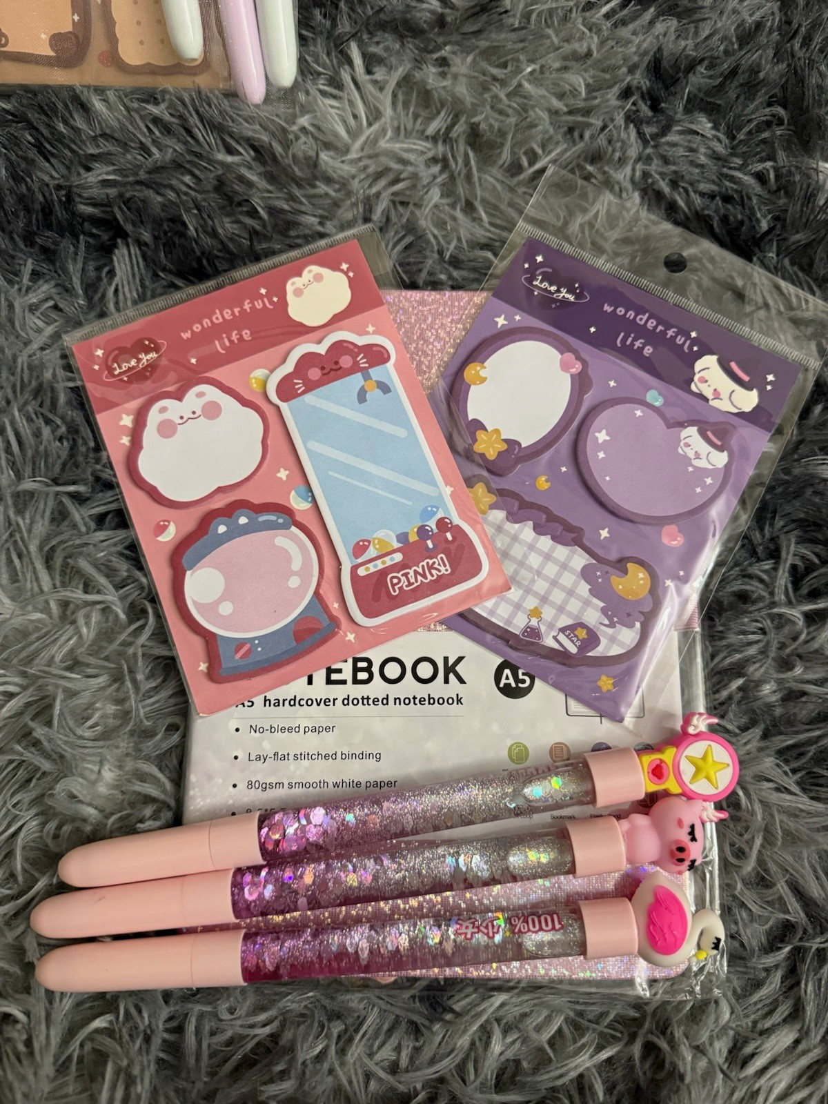 Cute A5 Stationery Set Glitter Pens & Sticky Notes Pink Purple Stars Cartoon