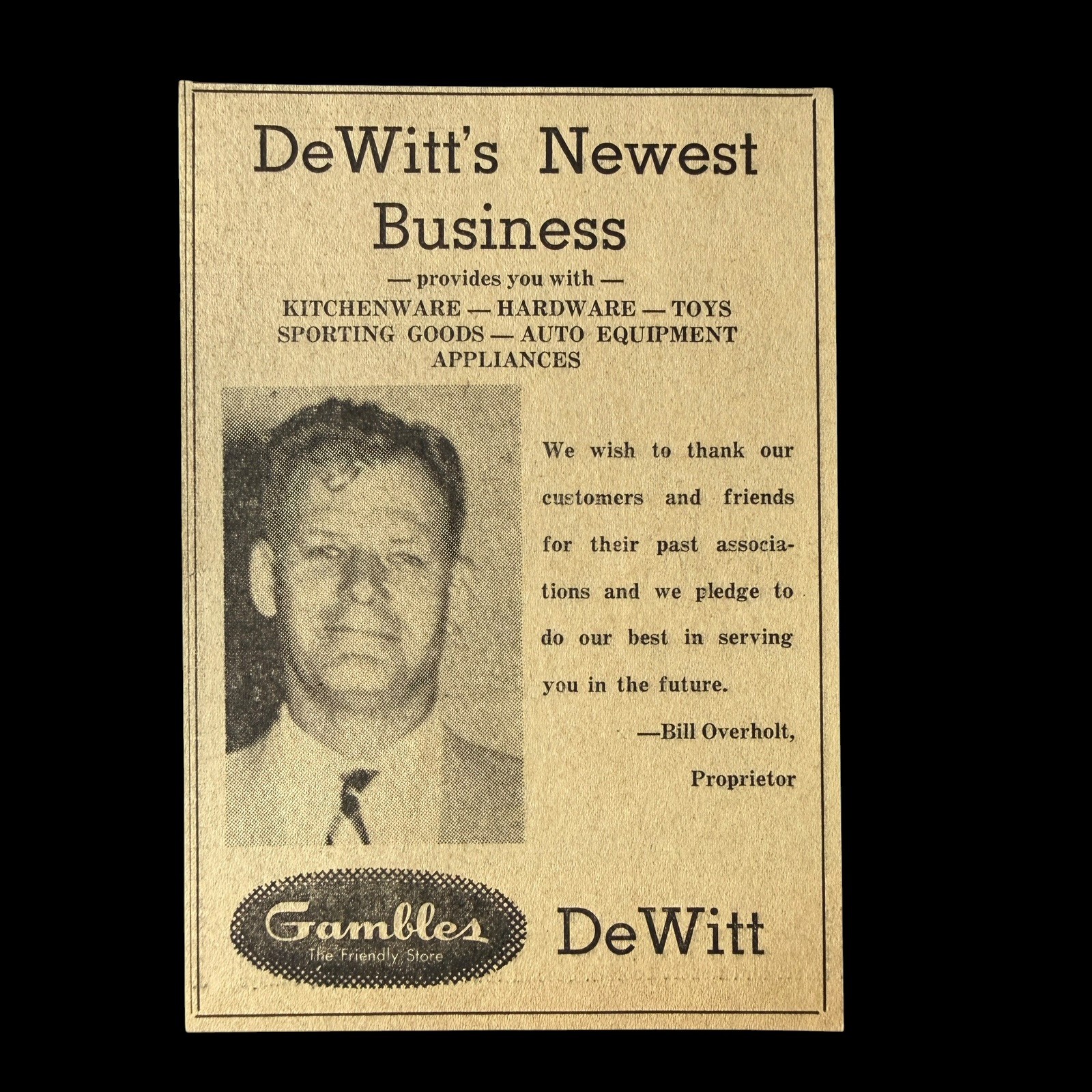 Vintage Gambles Store DeWitt Michigan Bill Overholt Advertising Clipping