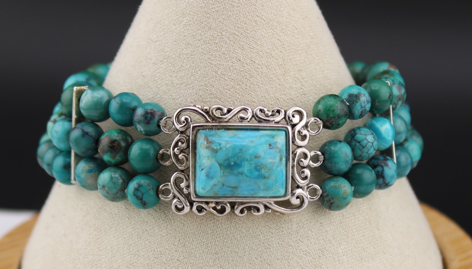 Chunky JTV Signed BBJ Turquoise Beads Sterling Silver Adj Toggle Bracelet