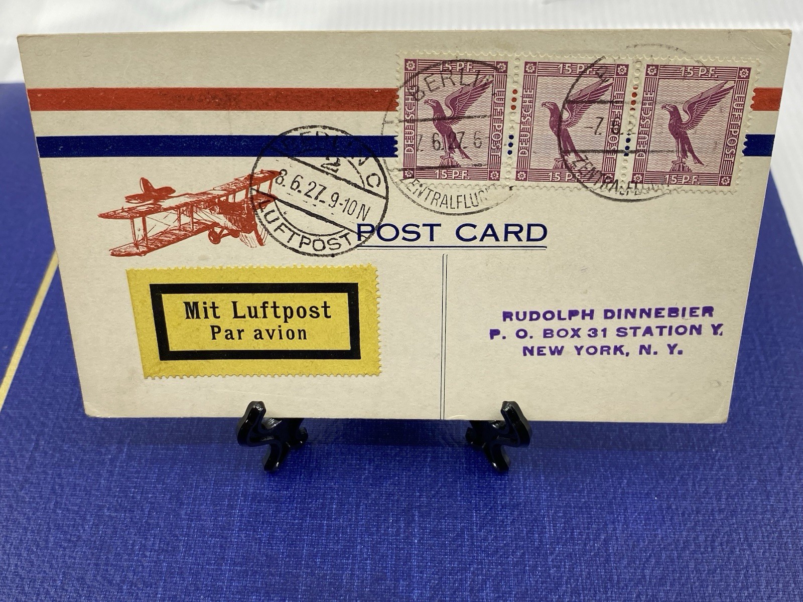 1927 Early Germany airmail Postcard, 15PF X 3, Light Cancels, Berlin to New York