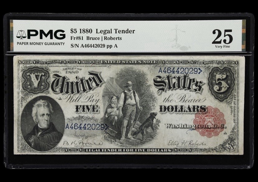 1880 Legal Tender $5 Fr: 81 Woodchopper, US Bank Note Currency Banknote, PMG 25 1880 Legal Tender $5 Fr: 81 Woodchopper, US Bank Note Currency Banknote, PMG 25