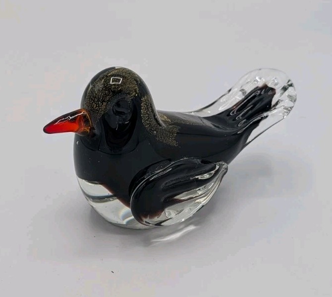 Murano Venetian Art Glass Hand Blown Bird Sculpture Gold fleck Black Amethyst Murano Venetian Art Glass Hand Blown Bird Sculpture Gold fleck Black Amethyst