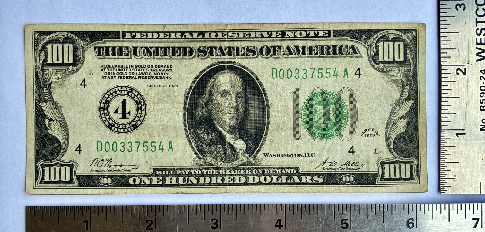 1928 - $100 FED. RESERVE - CLEVELAND 4-D - GOOD CLAUSE NUMERAL NOTE - Ungraded