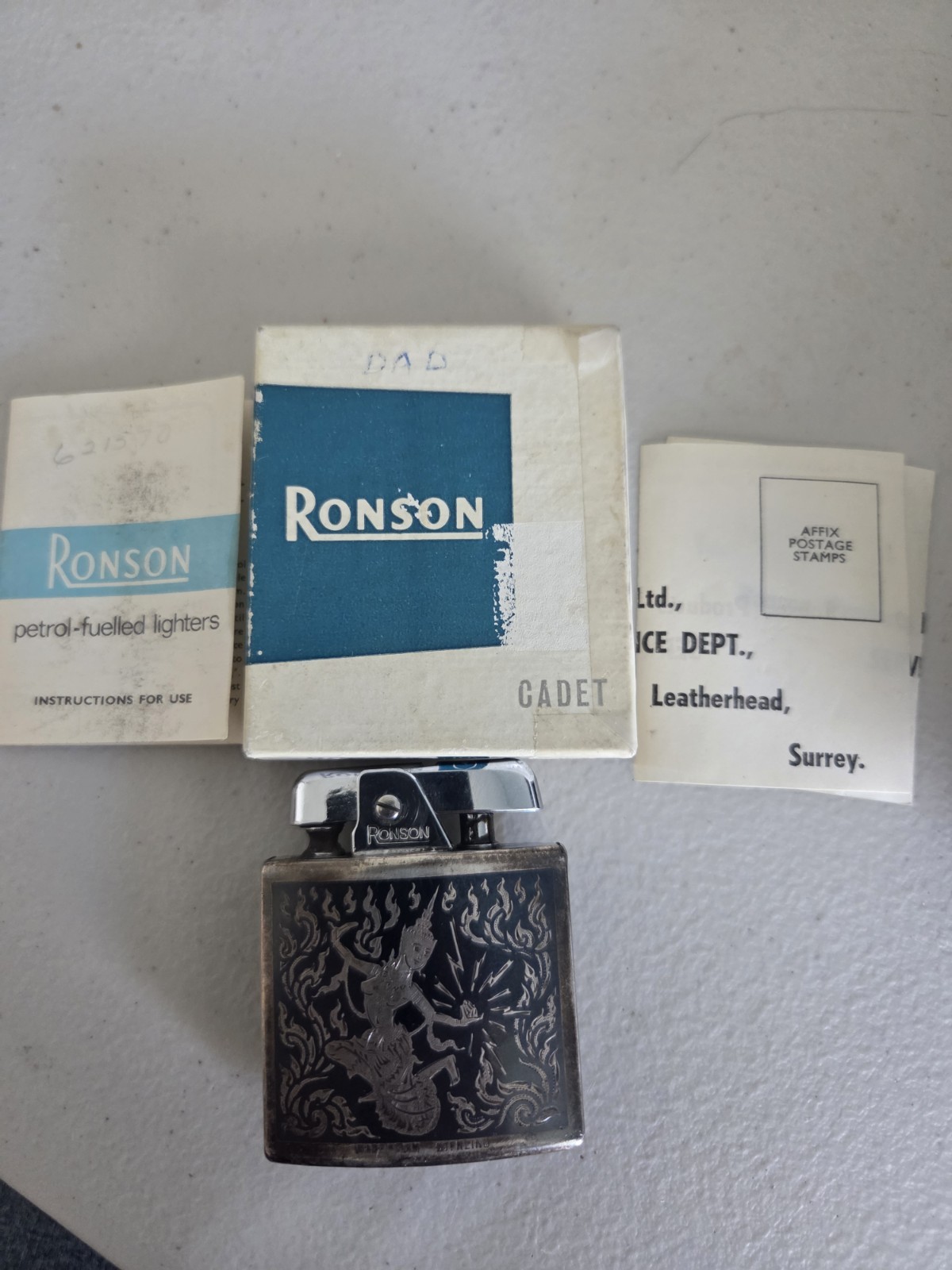 Vintage 1950's Ronson Cadet Siam Sterling Silver Niello Lighter With Box-WORKS