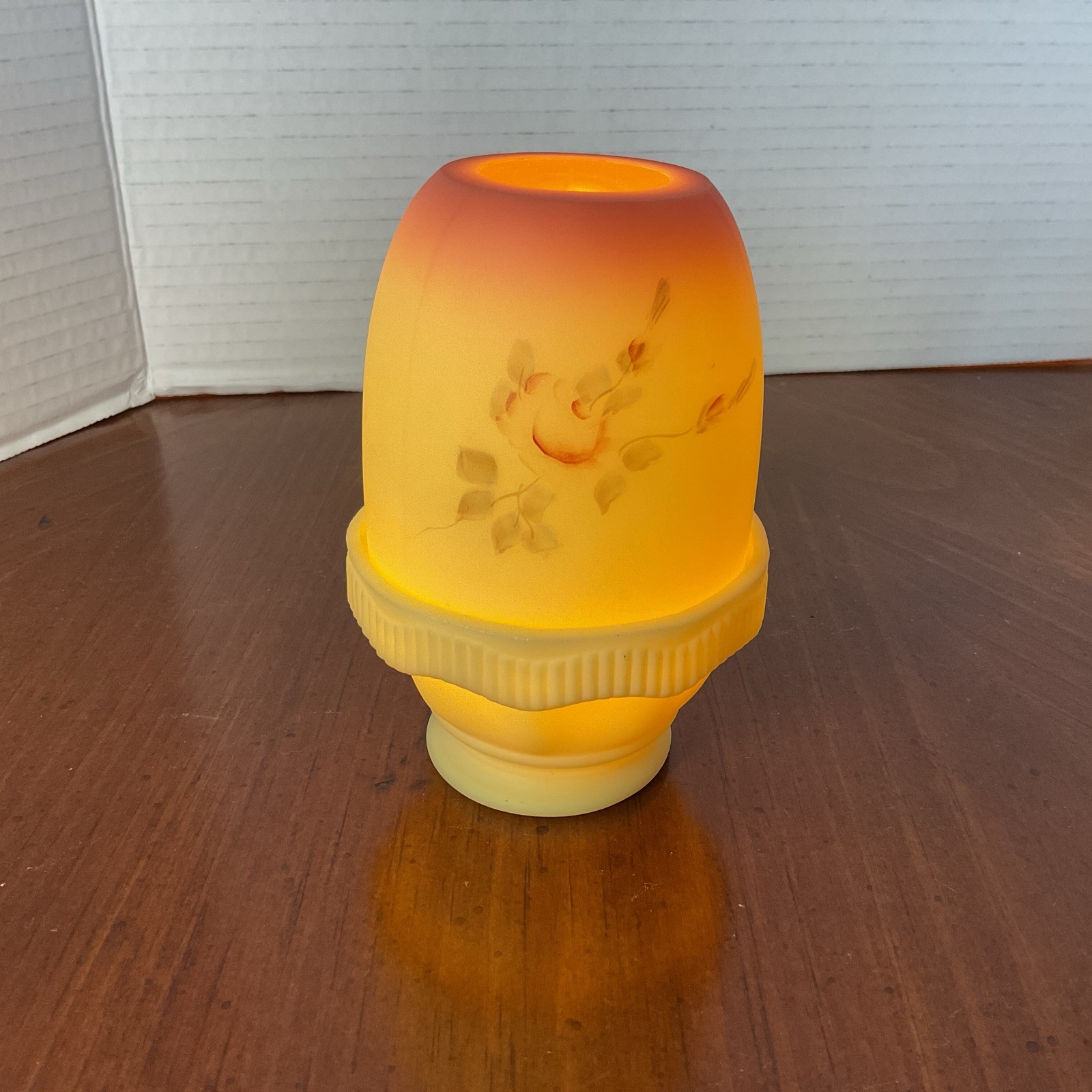Fenton Uranium HP Roses on Burmese 2 Pc. Fairy Light Votive Holder 5” Fenton Uranium HP Roses on Burmese 2 Pc. Fairy Light Votive Holder 5”