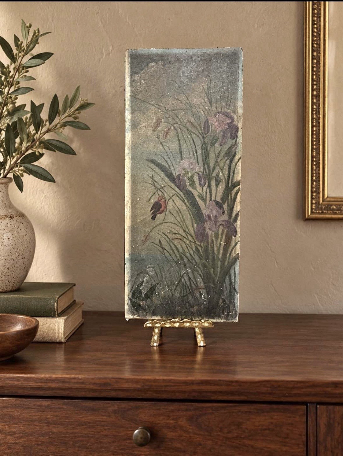 Antique Vertical Iris & Bird Oil Painting on Board