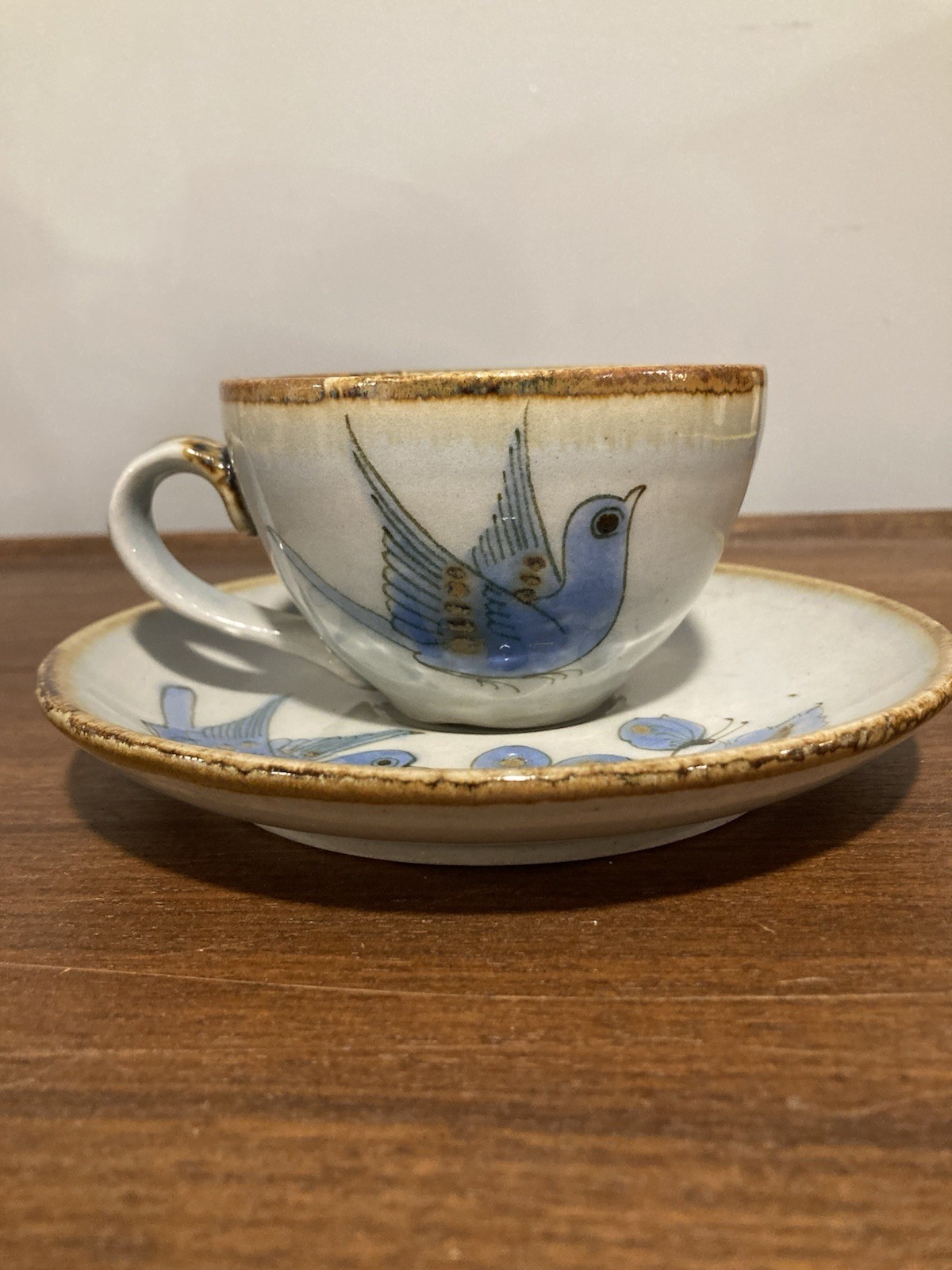 Vintage Tonala Tea Coffee Cup Saucer Blue Bird Signed Ken Edwards - Mexico