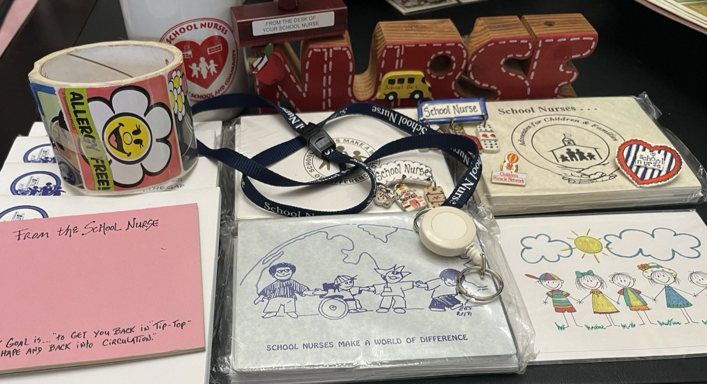 Vintage School Nurse Supplies Bundle Ephemera Lanyard Mug Pins Stamp Stickers