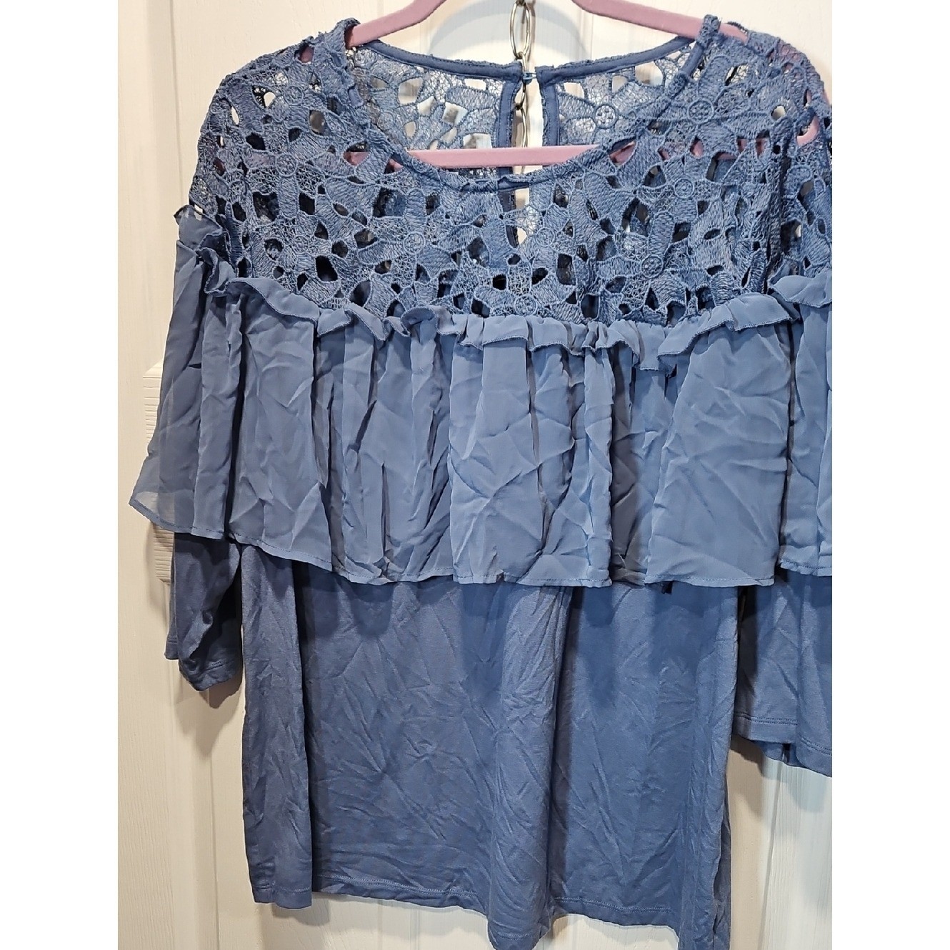 Lane Bryant Dusty Blue Crochet Yoke Ruffle Top