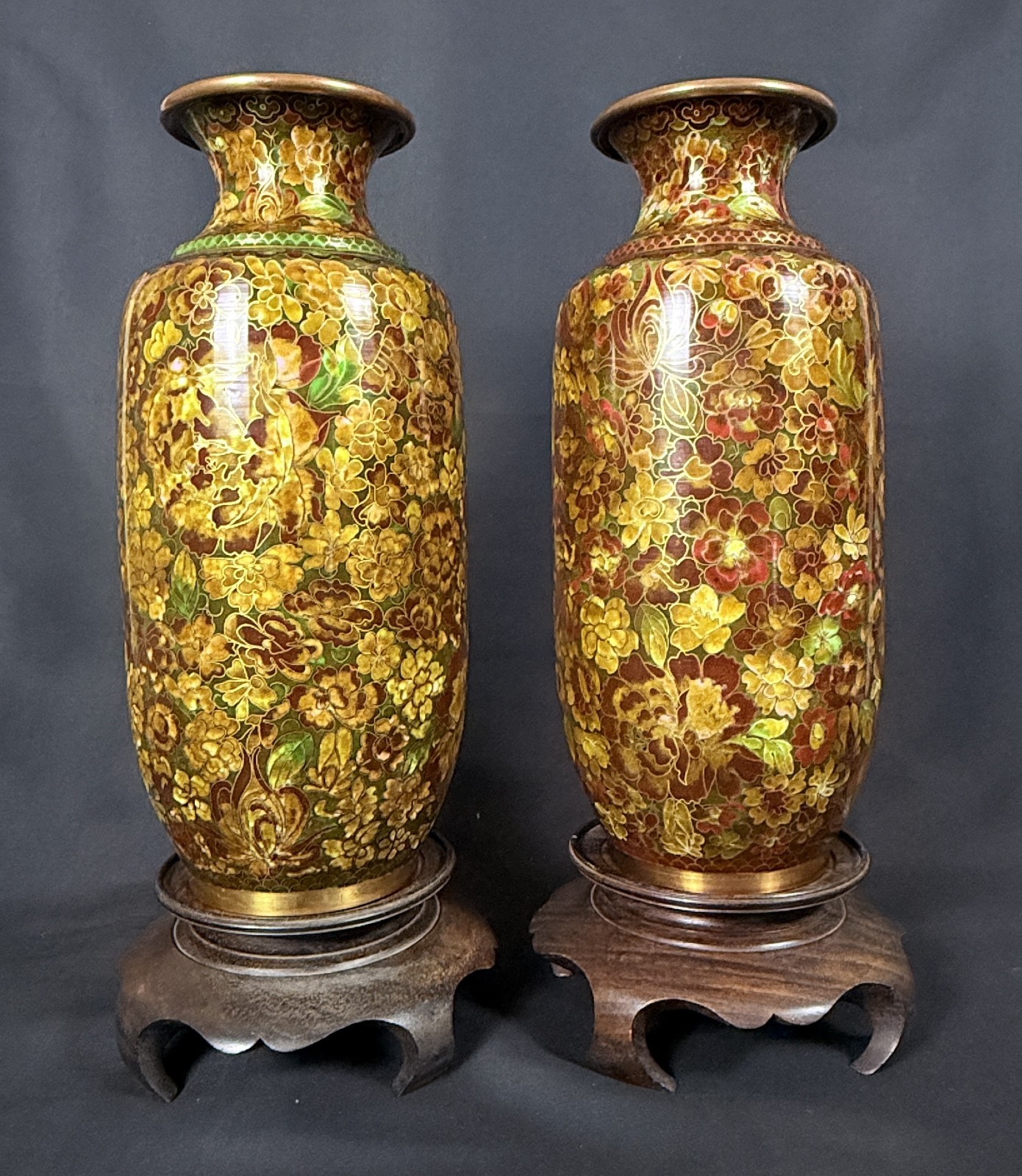 Pair Chinese Cloisonné Millefleur Thousand Flowers Vases 12” w/ Stands